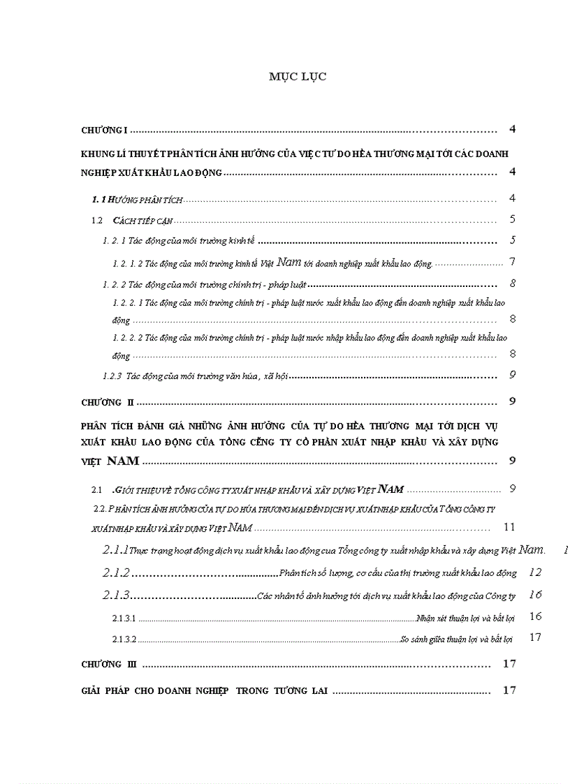 Tác động của tự do hóa thương mại tới dịch vụ xuất khẩu lao động của Tổng công ty xuất nhập khẩu và xây dựng Việt Nam