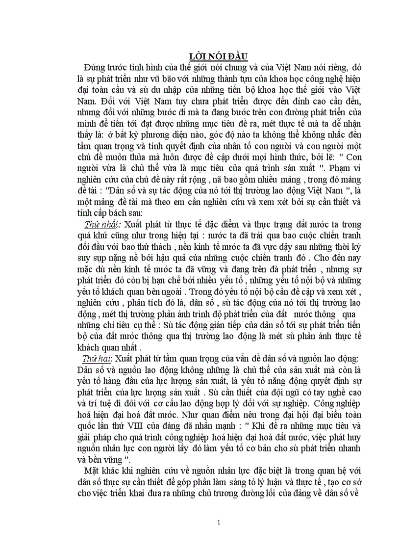 Dân số và sự tác động của nó tới thị trường lao động Việt Nam 1