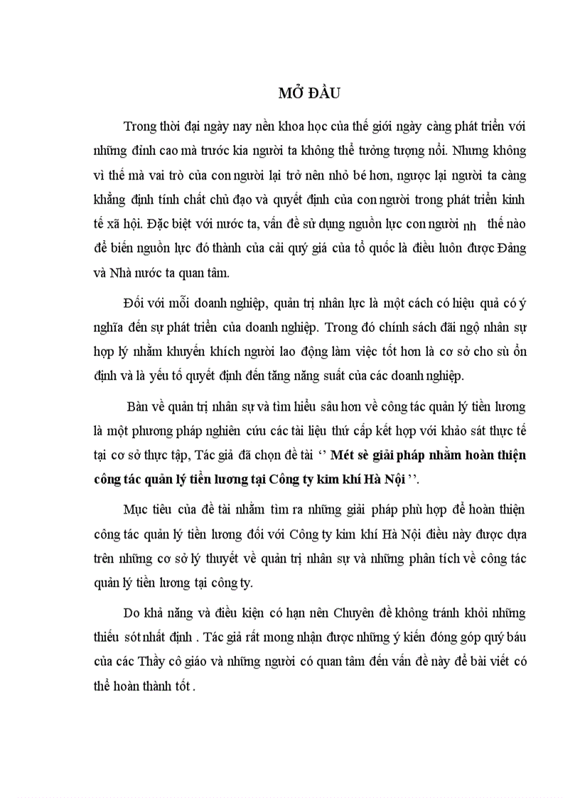 Một số giải pháp nhằm hoàn thiện công tác quản lý tiền lương tại Công ty kim khí Hà Nội