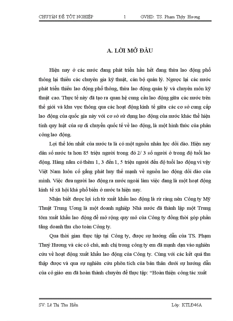 Hoàn thiện công tác xuất khẩu lao động tại Công ty Mỹ Thuật Trung ương