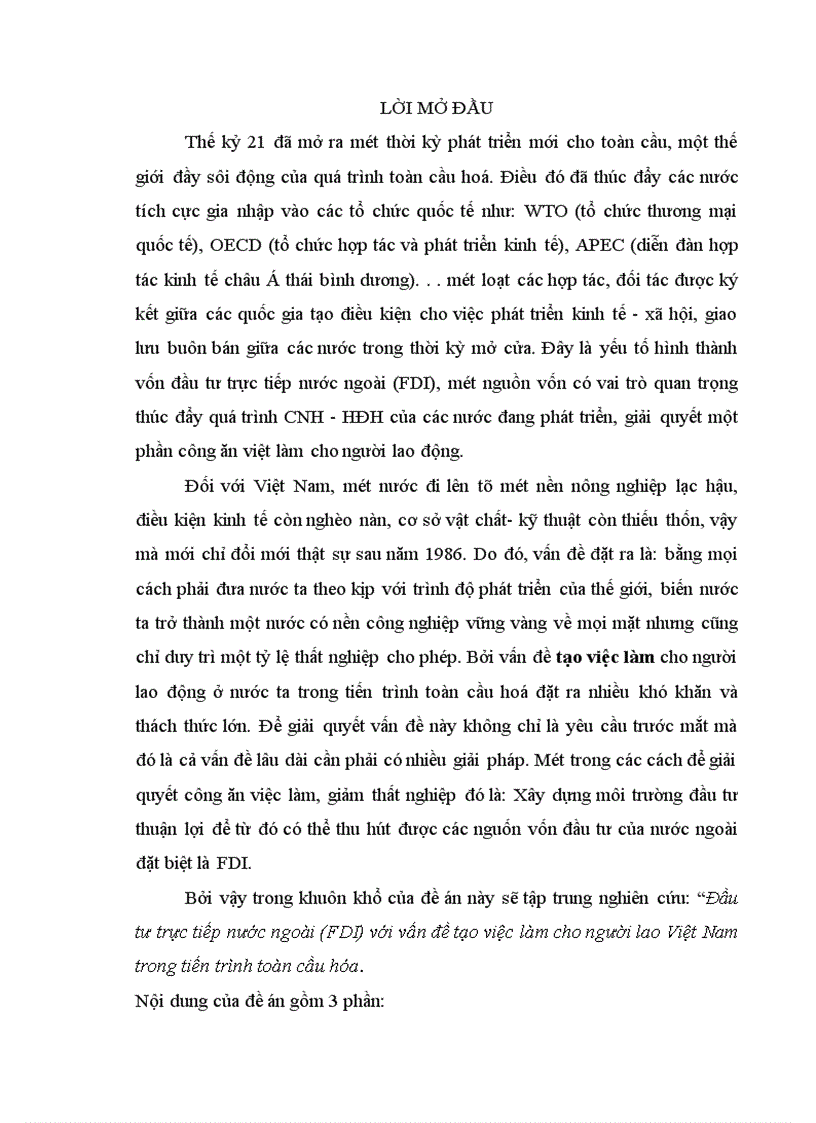 Đầu tư trực tiếp nước ngoài FDI với vấn đề tạo việc làm cho người lao Việt Nam trong tiến trình toàn cầu hóa 1