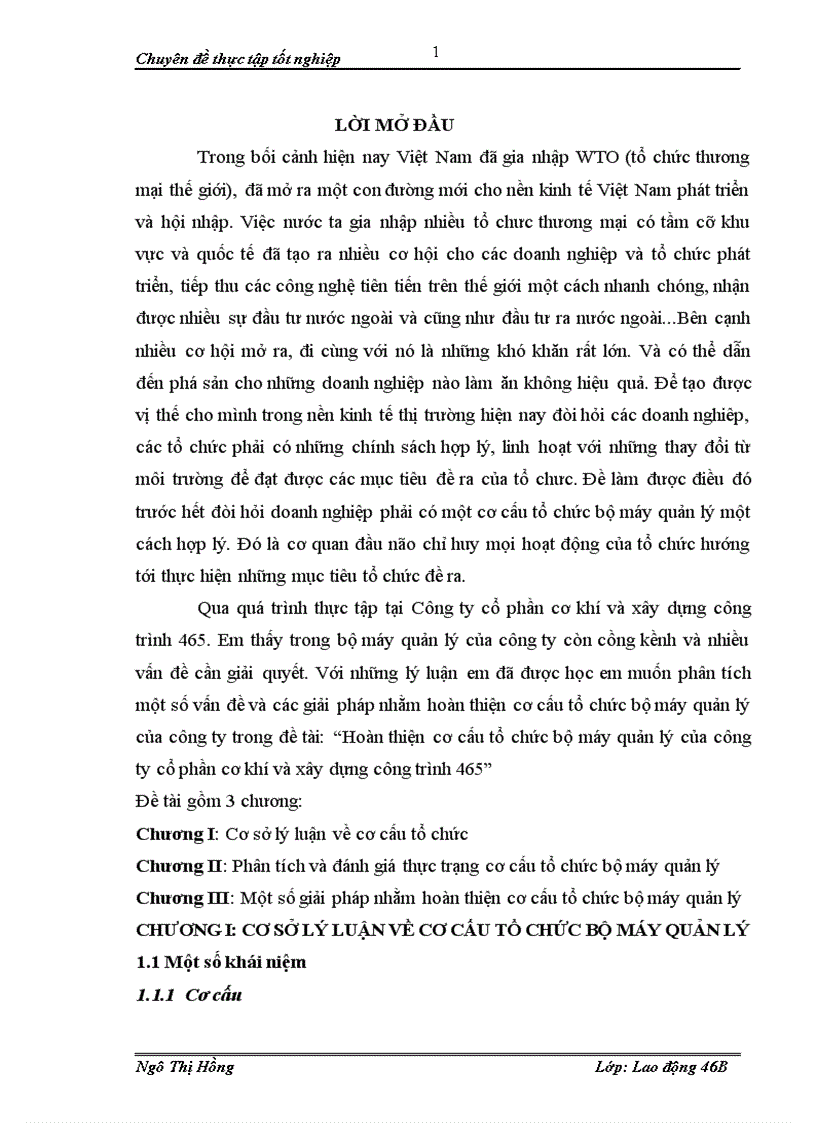 Hoàn thiện cơ cấu tổ chức bộ máy quản lý của công ty cổ phần cơ khí và xây dựng công trình 465