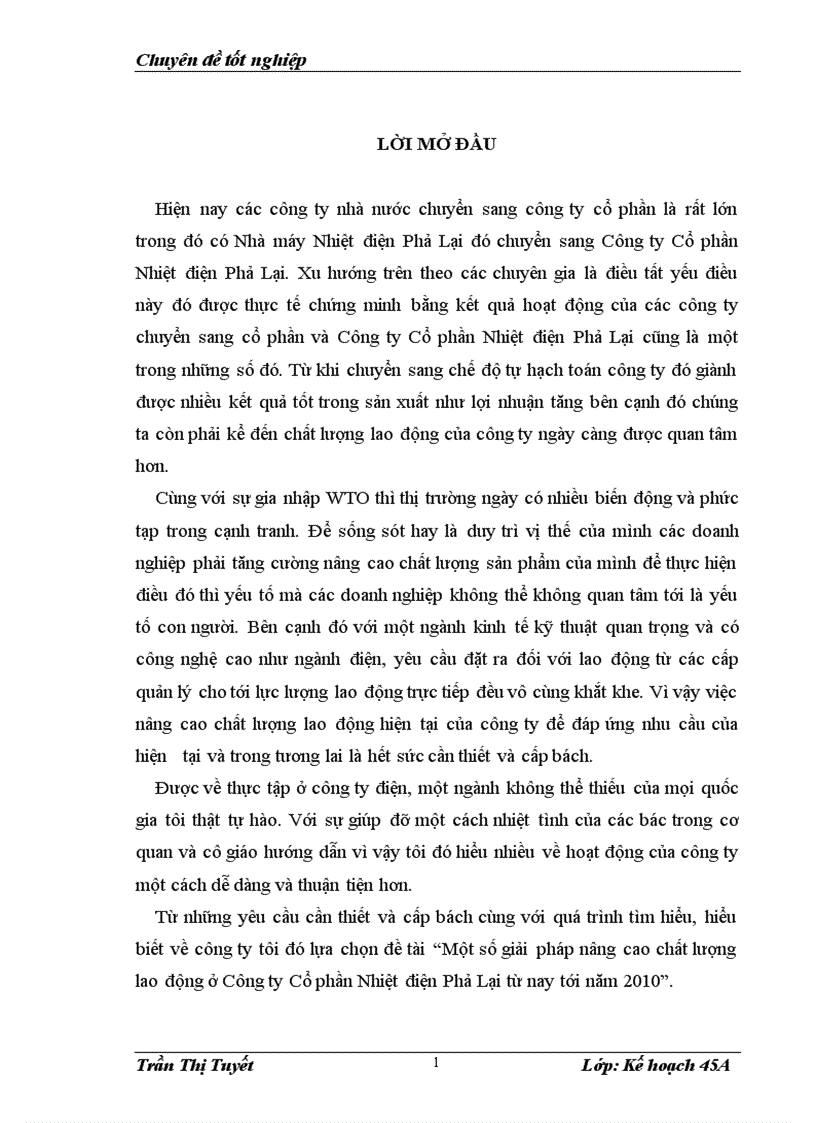 Một số giải pháp nâng cao chất lượng lao động ở Công ty Cổ phần Nhiệt điện Phả Lại từ nay tới năm 2010