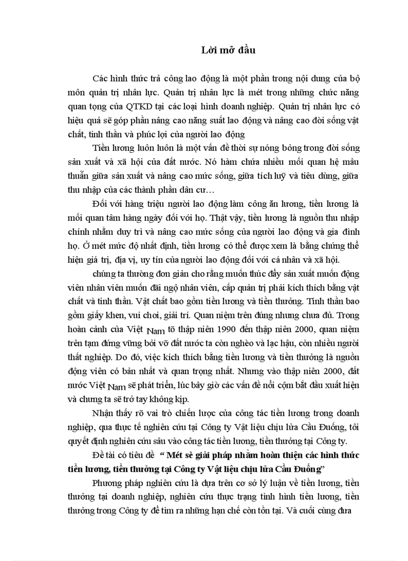 Một số giải pháp nhằm hoàn thiện các hình thức tiền lương tiền thưởng tại Công ty Vật liệu chịu lửa Cầu Đuống 1