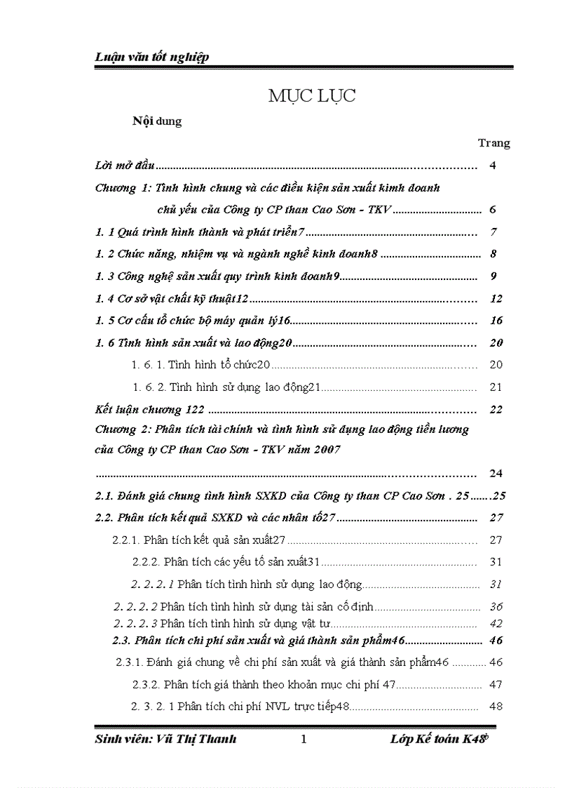 Phân tích tài chính và tình hình sử dụng lao động tiền lương của Công ty CP than Cao Sơn TKV năm 2007