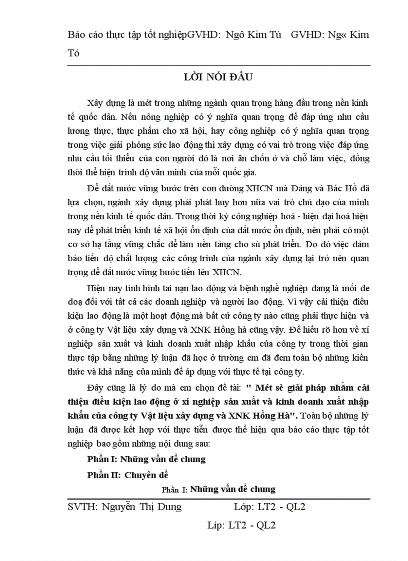Một số giải pháp nhằm cải thiện điều kiện lao động ở xí nghiệp sản xuất và kinh doanh xuất nhập khẩu của công ty Vật liệu xây dựng và XNK Hồng Hà