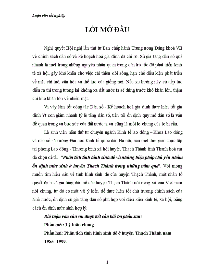 Phân tích tình hình sinh đẻ và những biện pháp chủ yếu nhằm ổn định mức sinh ở huyện Thạch Thành trong những năm qua 1