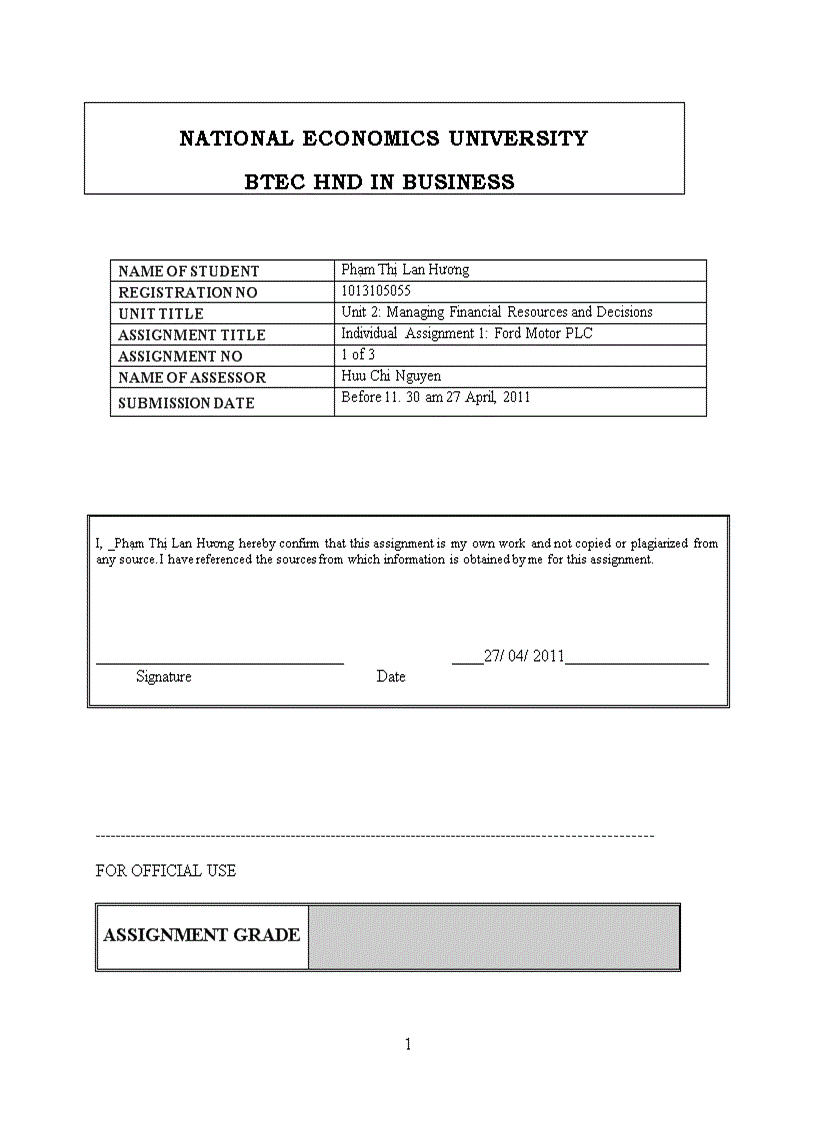 National economics university BTEC HND in business