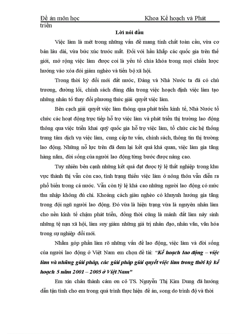 Kế hoạch lao động việc làm và những giải pháp các giải pháp giải quyết việc làm trong thời kỳ kế hoạch 5 năm 2001 2005 ở Việt Nam