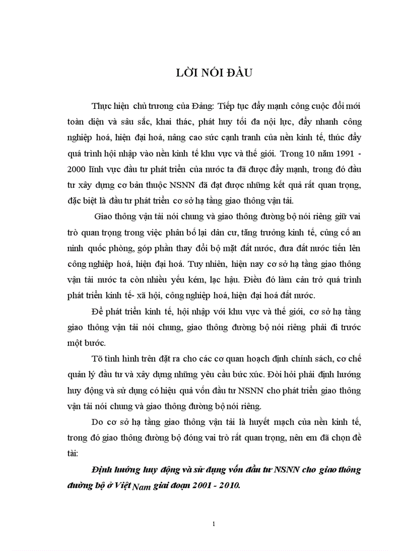 Định hướng huy động và sử dụng vốn đầu tư NSNN cho giao thông đường bộ ở Việt Nam giai đoạn 2001 2010