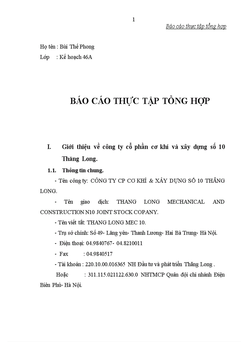 Thực trạng hoạt động của công ty cổ phần cơ khí và xây dựng số 10 Thăng Long