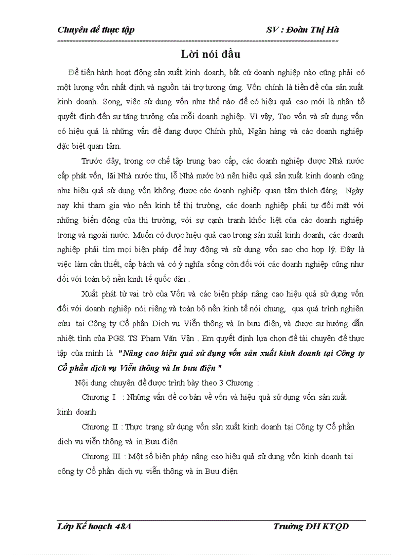 Nâng cao hiệu quả sử dụng vốn sản xuất kinh doanh tại Công ty Cổ phần dịch vụ viễn thông và In bưu điện 1