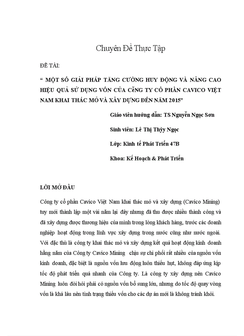 Một số giải pháp tăng cường huy động và nâng cao hiệu quả sử dụng vốn của công ty cổ phần CAVICO Việt Nam khai thác mỏ và xây dựng đến năm 2015 1