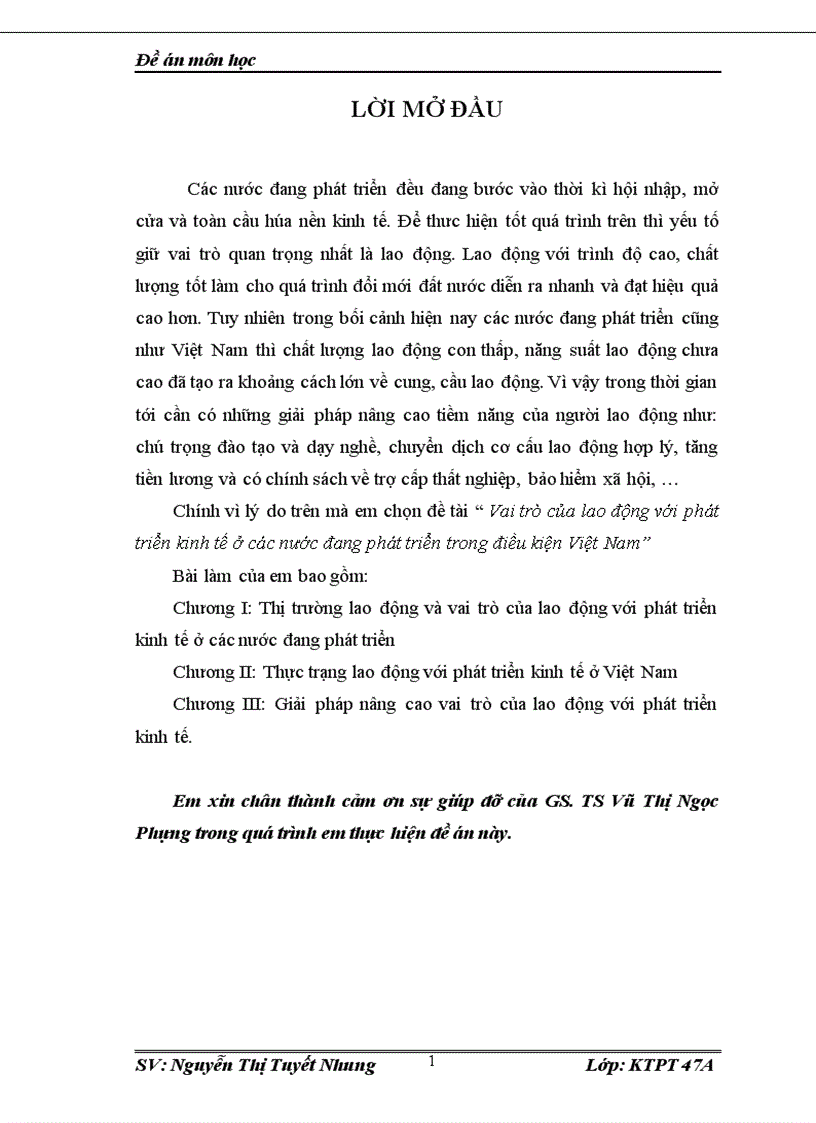 Vai trò của lao động với phát triển kinh tế ở các nước đang phát triển trong điều kiện Việt Nam