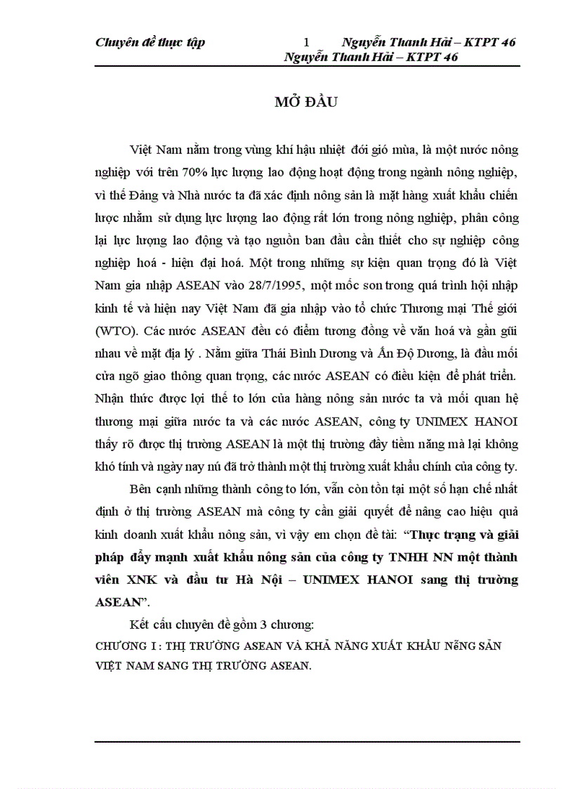 Thực trạng và giải pháp đẩy mạnh xuất khẩu nông sản của công ty TNHH NN một thành viên XNK và đầu tư Hà Nội UNIMEX HANOI sang thị trường ASEAN