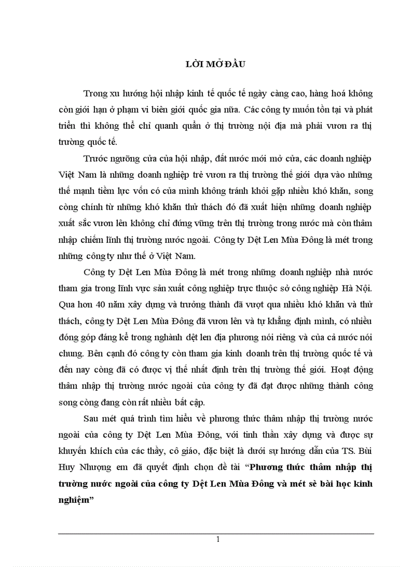 Phương thức thâm nhập thị trường nước ngoài của công ty Dệt Len Mùa Đông và một số bài học kinh nghiệm