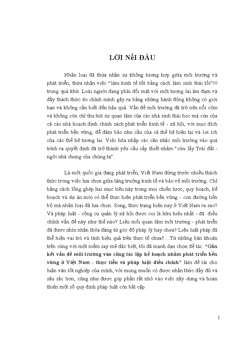 Gắn kết vấn đề môi trường vào công tác lập kế hoạch nhằm phát triển bền vững ở Việt Nam thực tiễn và pháp luật điều chỉnh 1