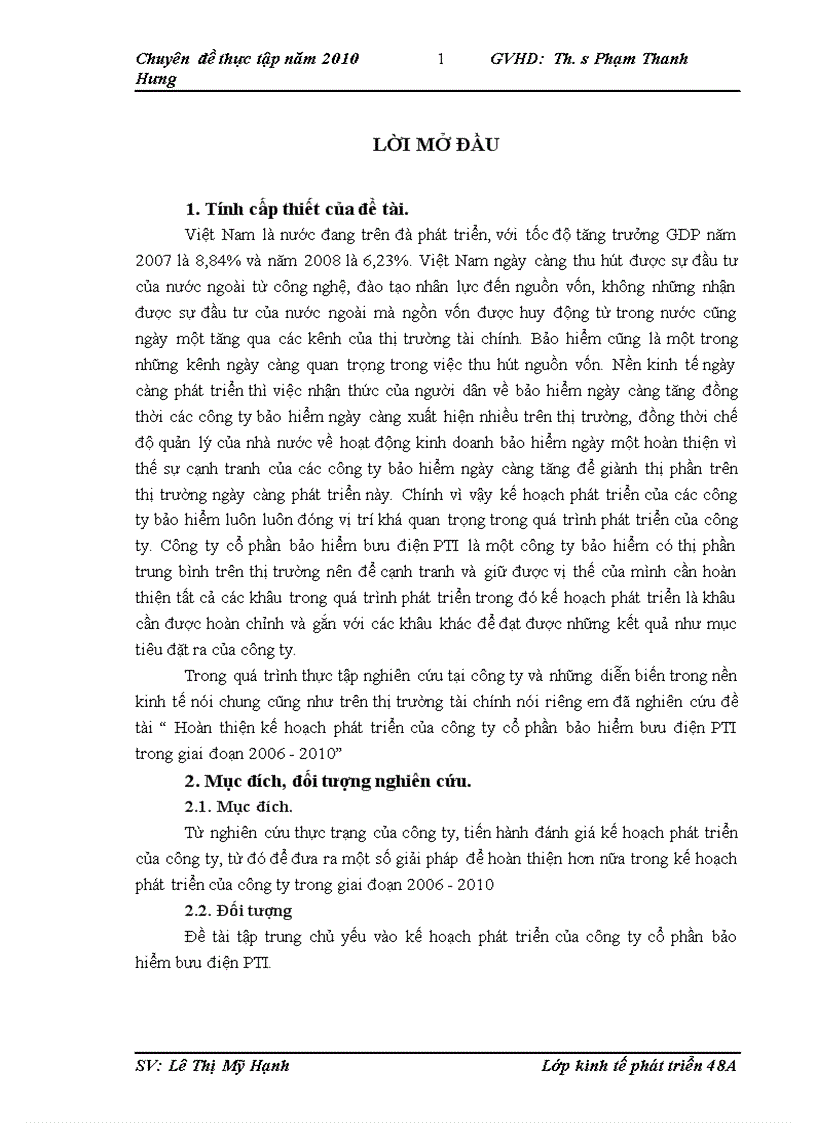 Hoàn thiện kế hoạch phát triển của công ty cổ phần bảo hiểm bưu điện PTI trong giai đoạn 2006 2010