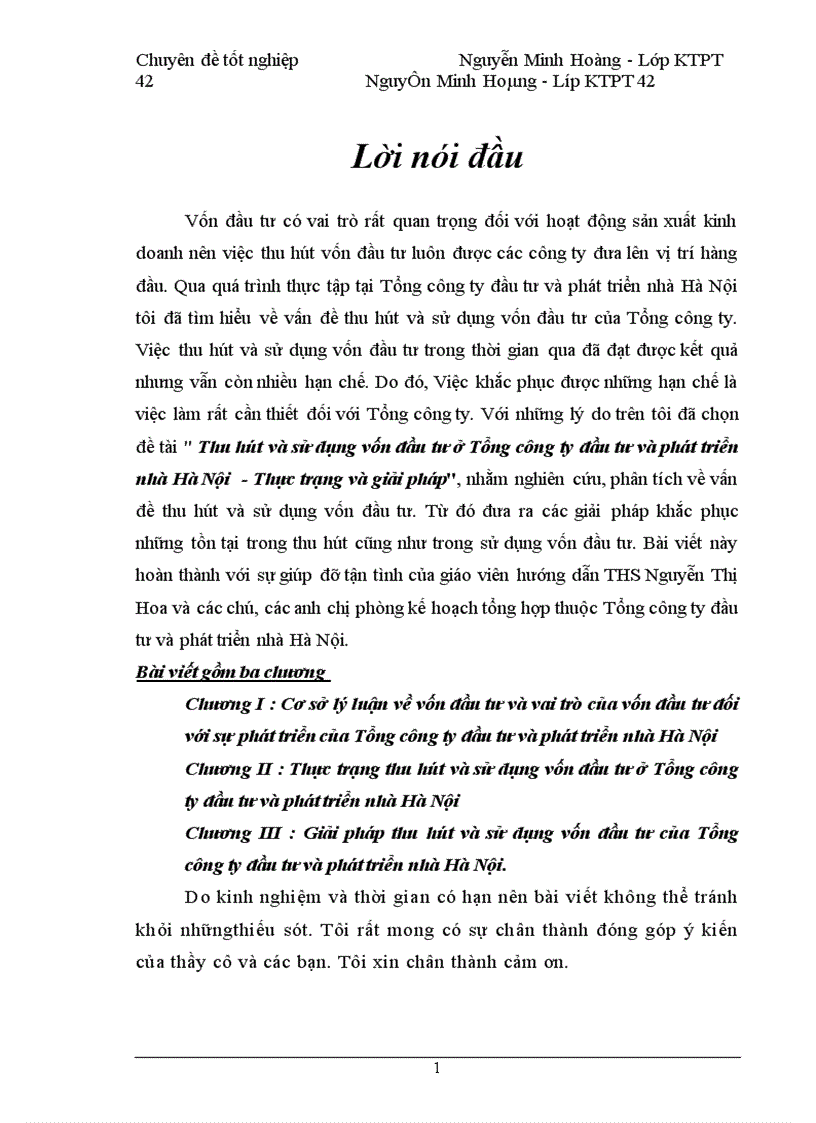 Thu hút và sử dụng vốn đầu tư ở Tổng công ty đầu tư và phát triển nhà Hà Nội Thực trạng và giải pháp