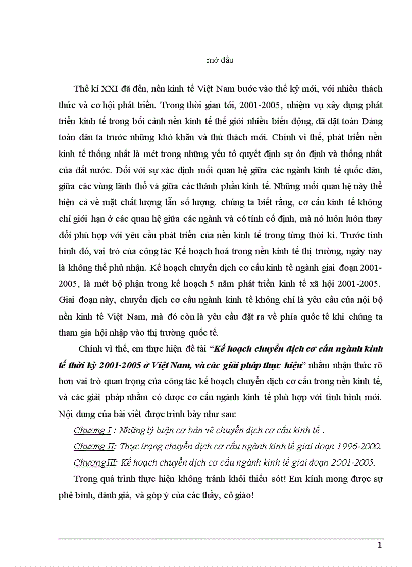 Kế hoạch chuyển dịch cơ cấu ngành kinh tế thời kỳ 2001 2005 ở Việt Nam và các giải pháp thực hiện 1