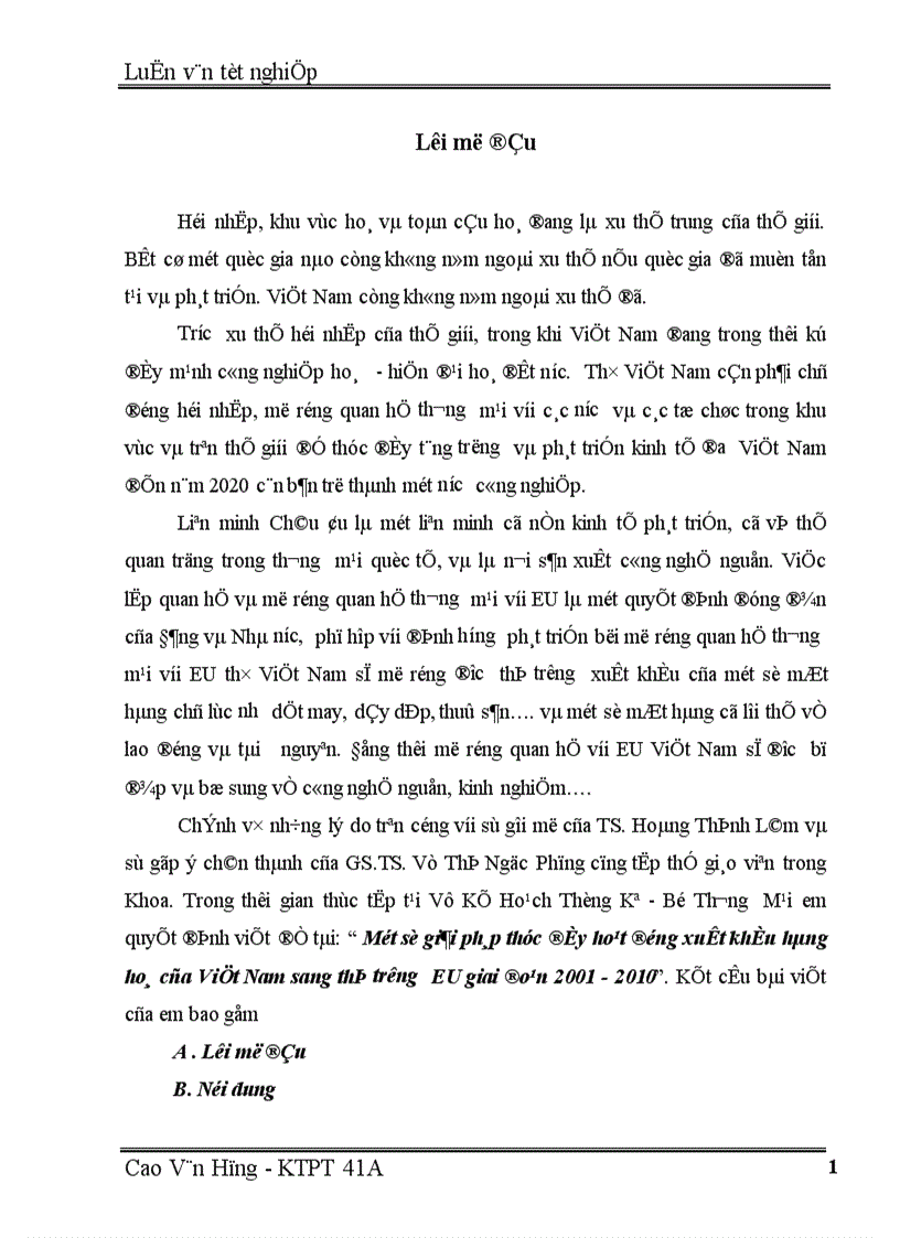 Một số giải pháp thúc đẩy hoạt động xuất khẩu hàng hoá của Việt Nam sang thị trường EU giai đoạn 2001 2010