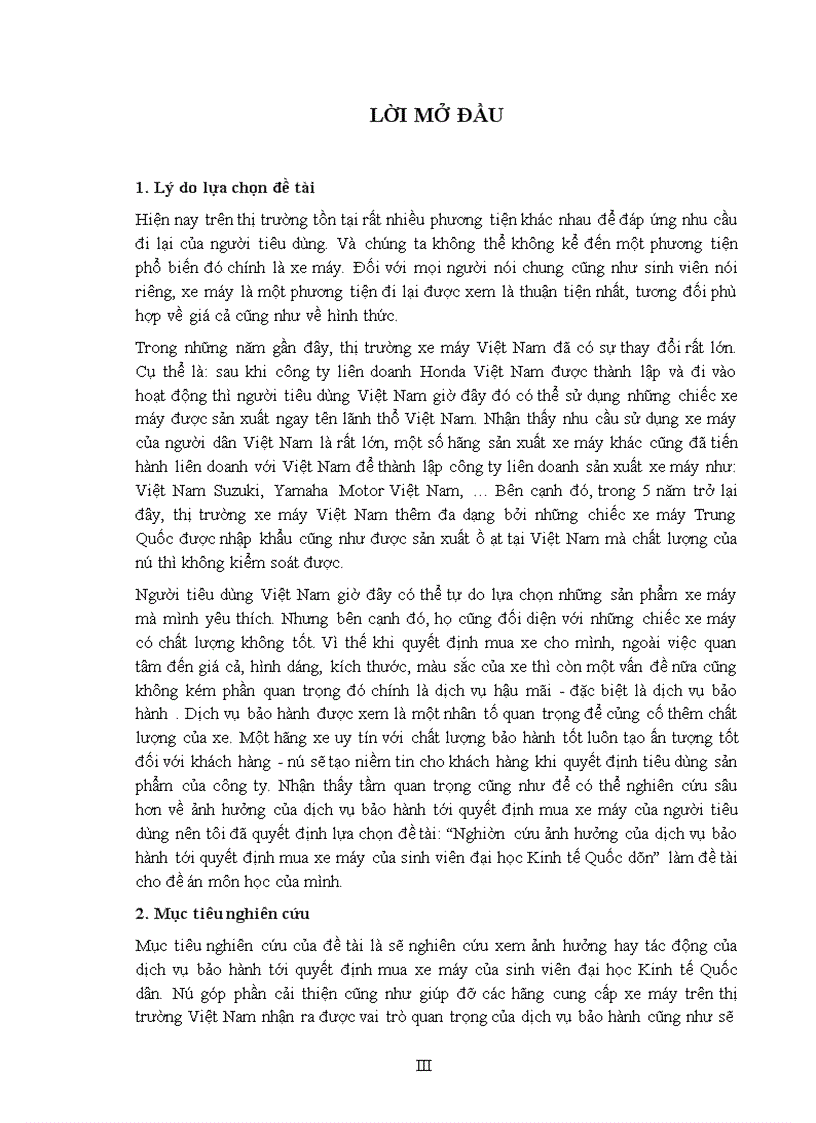Nghiên cứu ảnh hưởng của dịch vụ bảo hành tới quyết định mua xe máy của sinh viên đại học Kinh tế Quốc dân