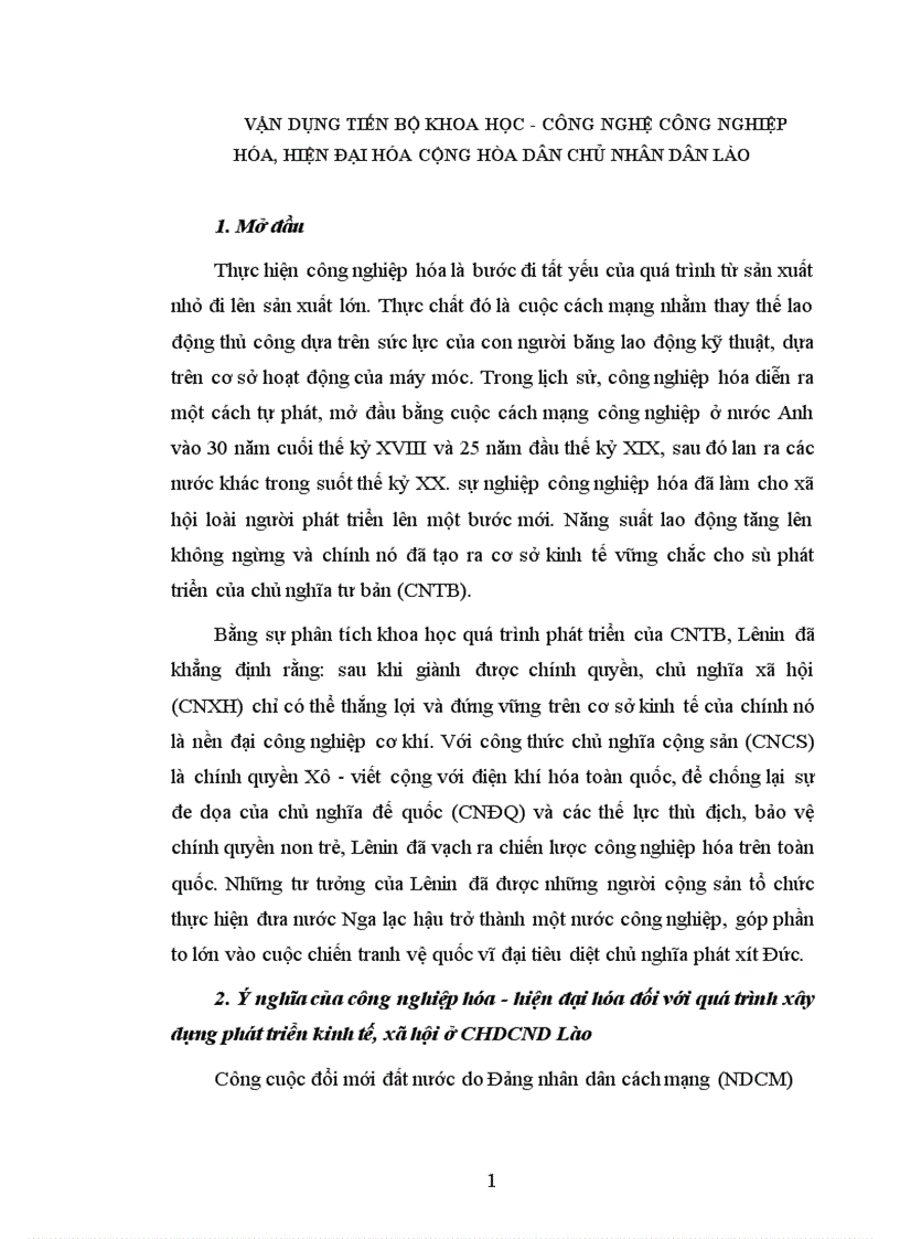 Vận dụng tiến bộ khoa học công nghệ công nghiệp hóa hiện đại hóa cộng hòa dân chủ nhân dân Lào