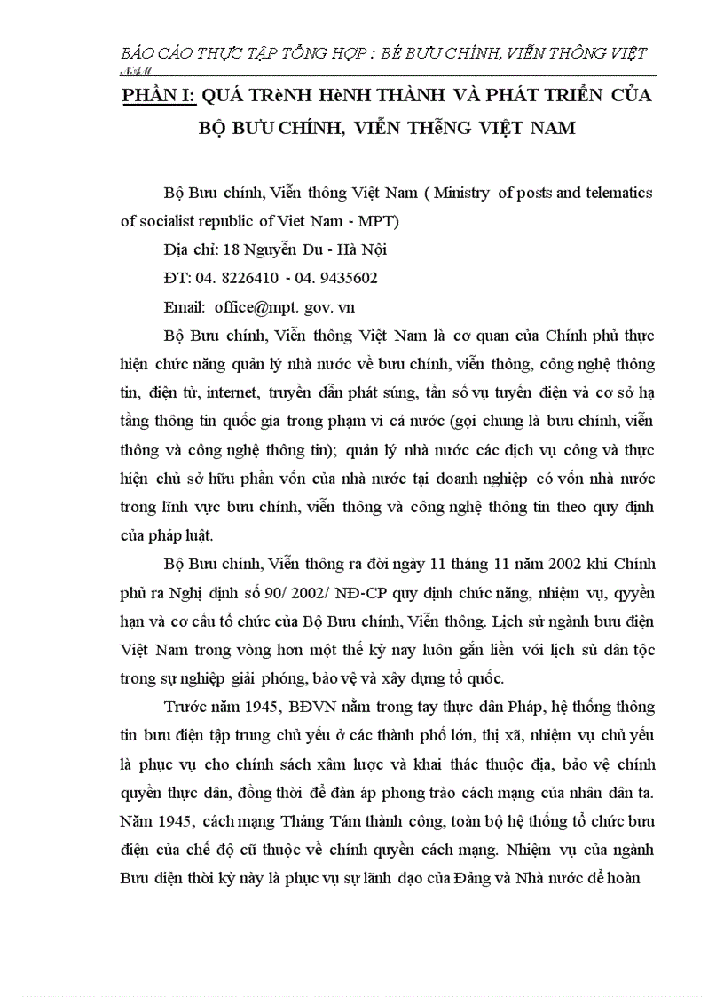 Báo cáo thực tập tổng hợp tại Bộ Bưu chính Viễn thông Việt Nam
