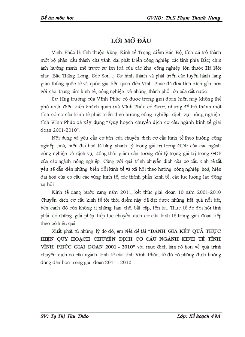 Đánh giá kết quả thực hiện quy hoạch chuyển dịch cơ cấu ngành kinh tế tỉnh vĩnh phúc giai đoạn 2001 2010