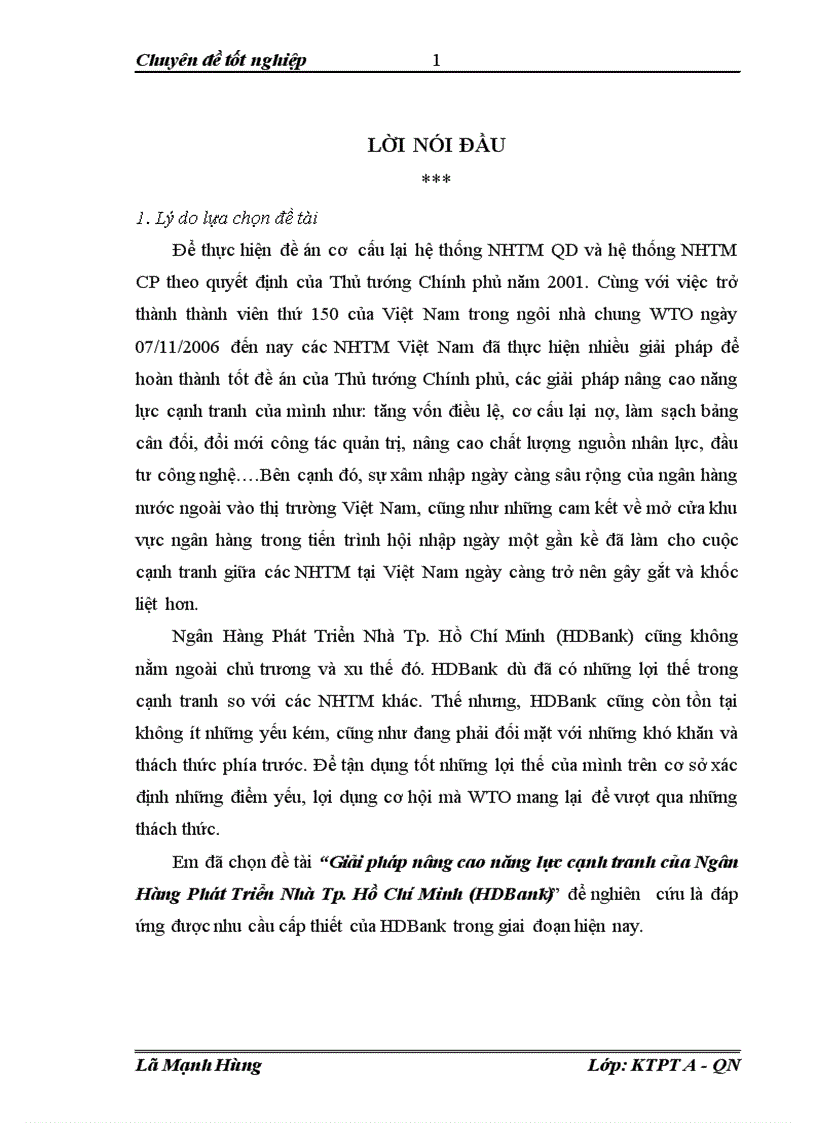 Giải pháp nâng cao năng lực cạnh tranh của Ngân Hàng Phát Triển Nhà Tp Hồ Chí Minh HDBank 1
