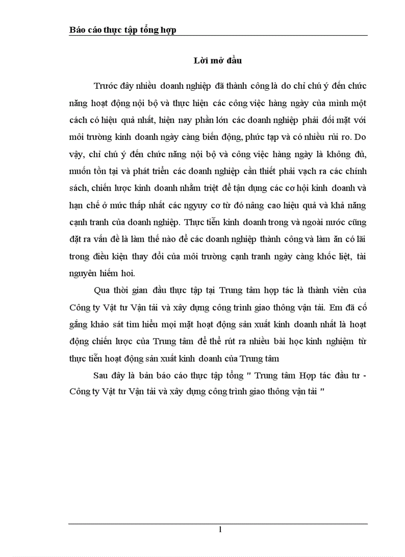 Báo cáo thực tập tổng hợp tại Trung tâm hợp tác đầu tư Công ty Vật tư Vận tải và xây dựng công trình giao thông vận tải