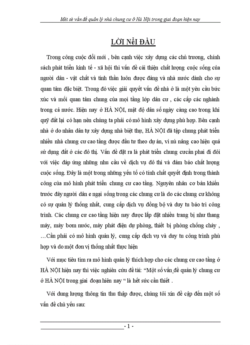 Một số vấn đề quản lý chung cư ở HÀ NỘI trong giai đoạn hiờn nay 1