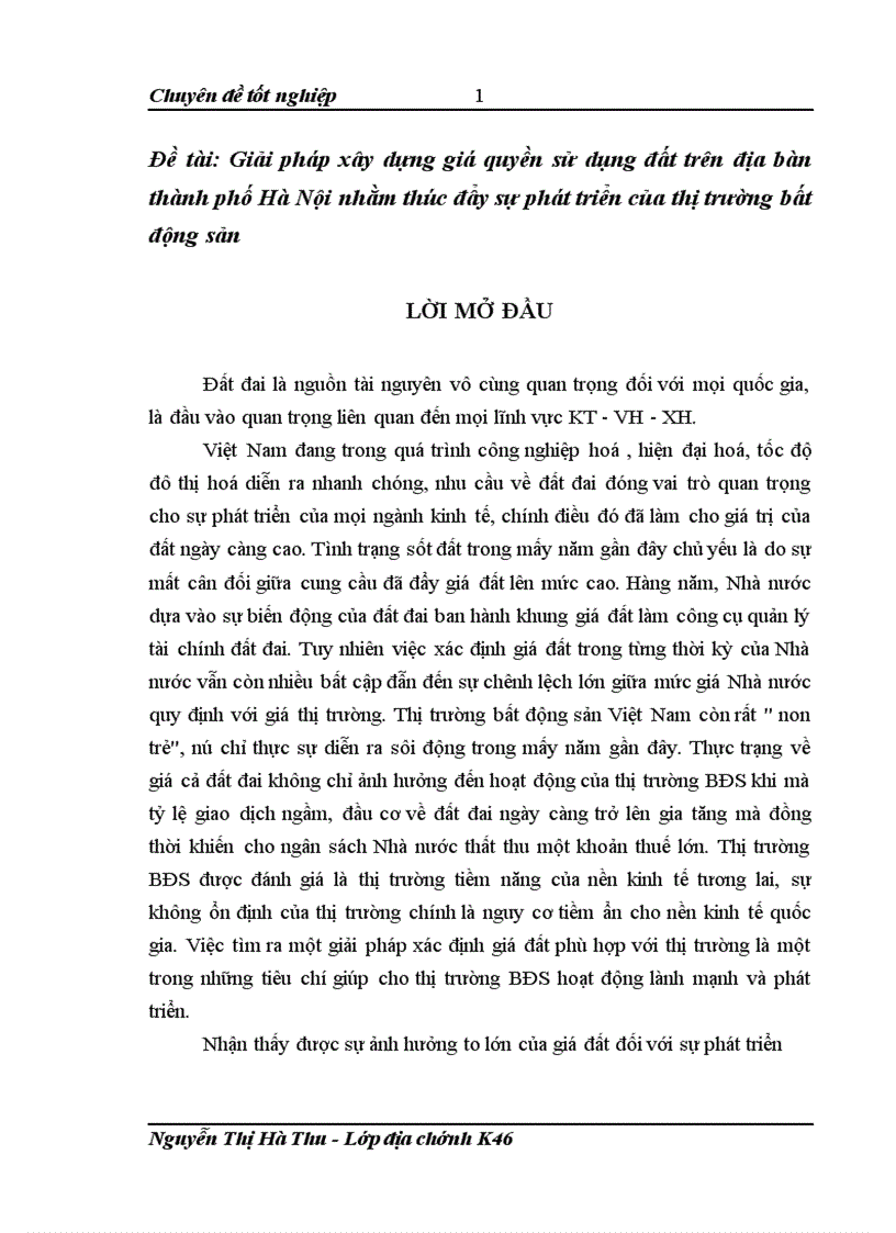 Giải pháp xây dựng giá quyền sử dụng đất trên địa bàn thành phố Hà Nội nhằm thúc đẩy sự phát triển của thị trường bất động sản