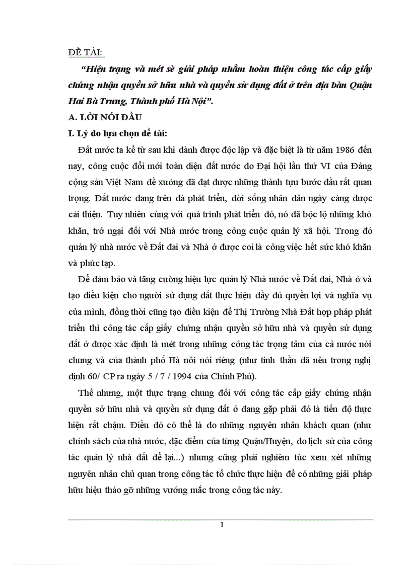 Hiện trạng và một số giải pháp nhằm hoàn thiện công tác cấp giấy chứng nhận quyền sở hữu nhà và quyền sử dụng đất ở trên địa bàn Quận Hai Bà Trưng Thành phố Hà Nội