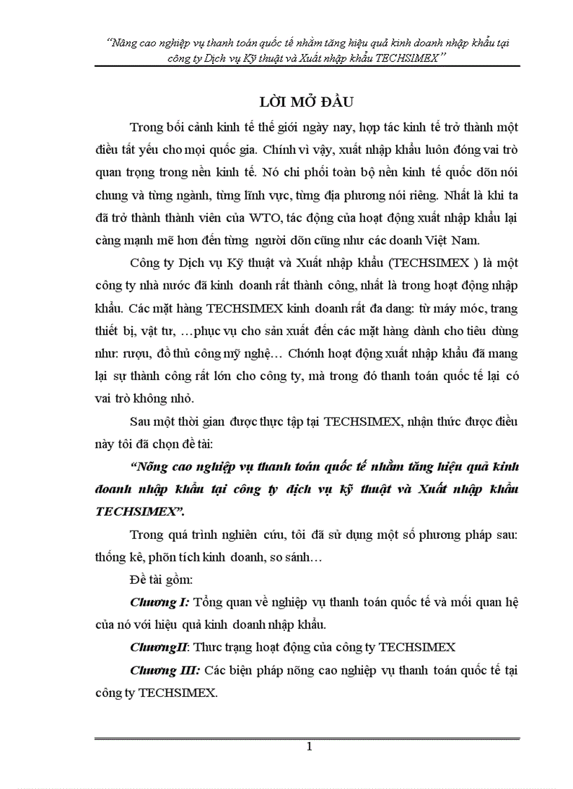 Nâng cao nghiệp vụ thanh toán quốc tế nhằm tăng hiệu quả kinh doanh nhập khẩu tại công ty dịch vụ kỹ thuật và Xuất nhập khẩu TECHSIMEX