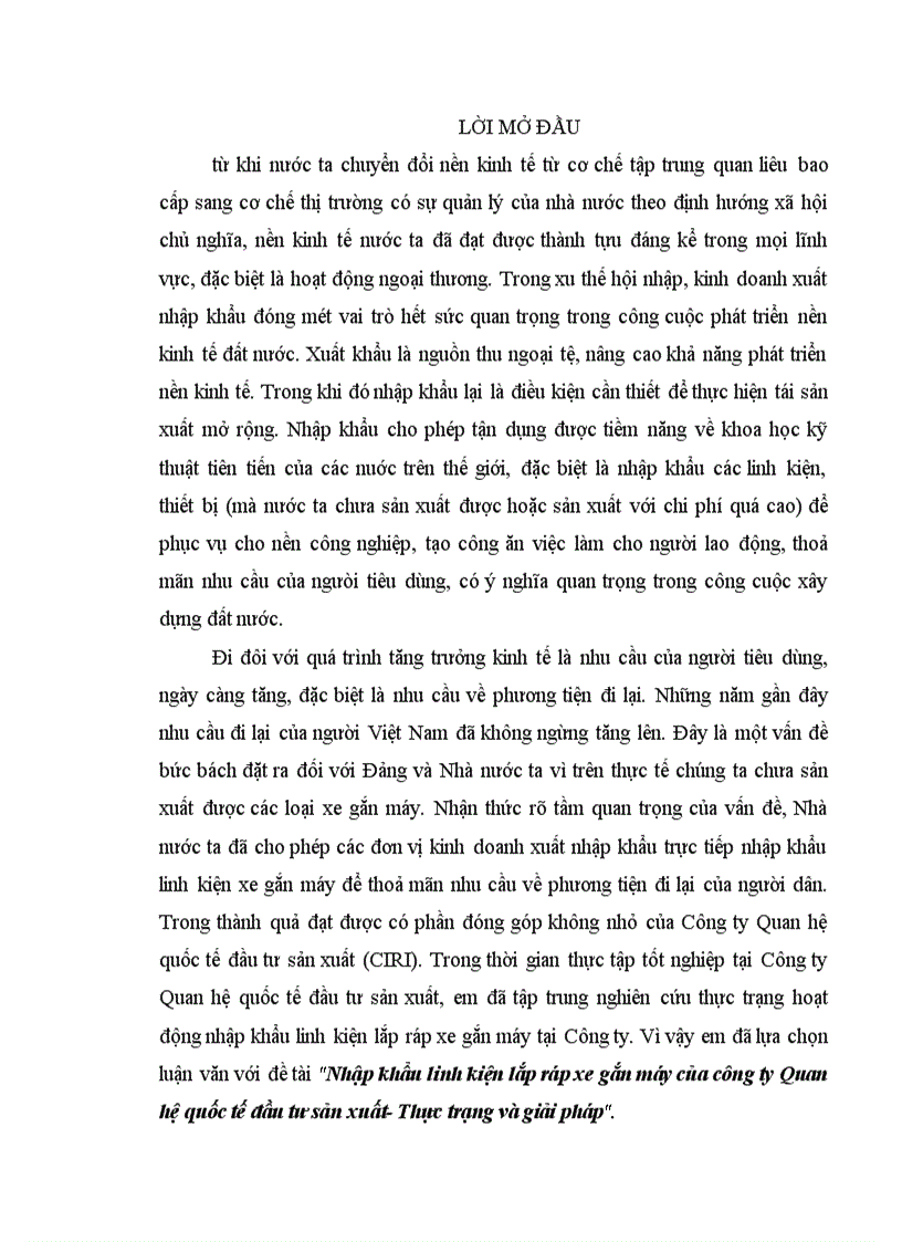 Nhập khẩu linh kiện lắp ráp xe gắn máy của công ty Quan hệ quốc tế đầu tư sản xuất Thực trạng và giải pháp
