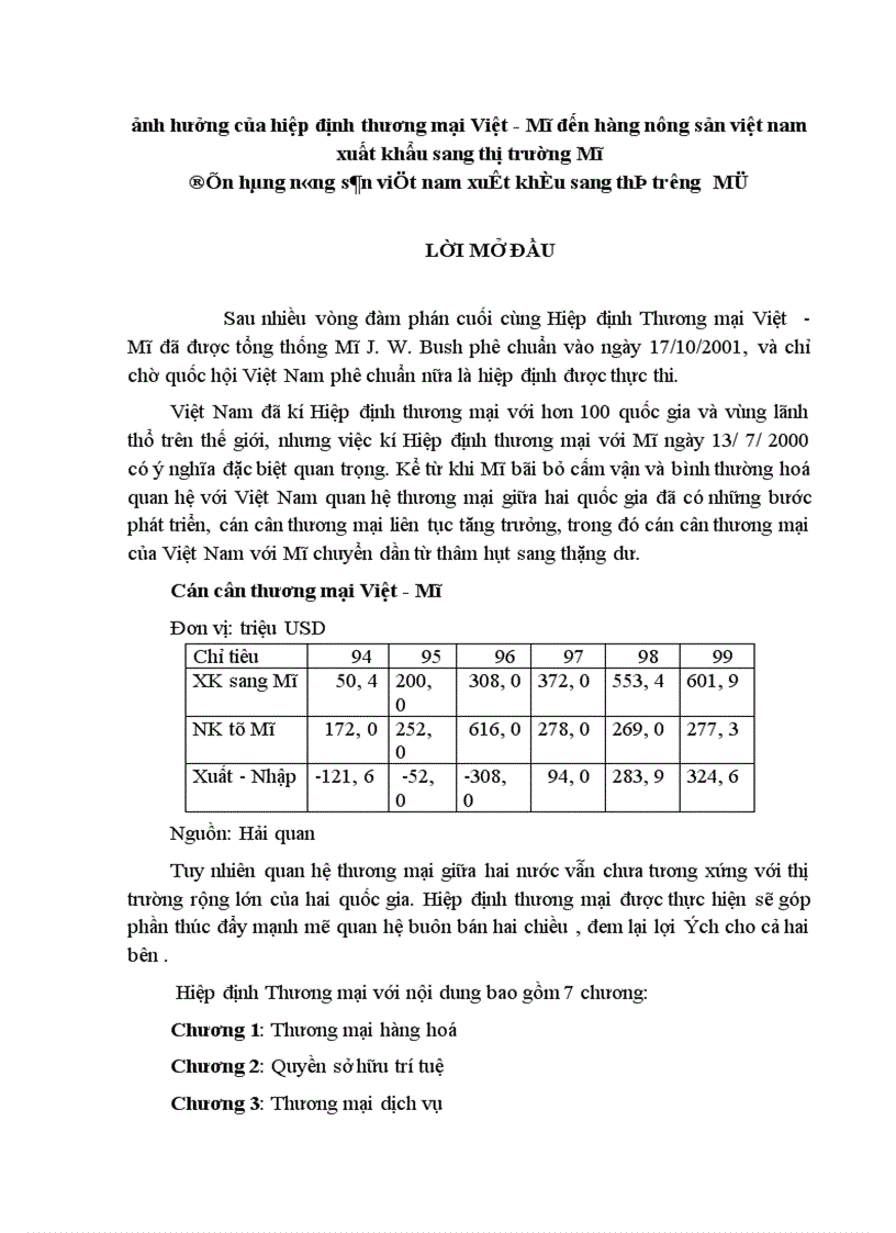 Ảnh hưởng của hiệp định thương mại Việt Mĩ đến hàng nông sản việt nam xuất khẩu sang thị trường Mĩ