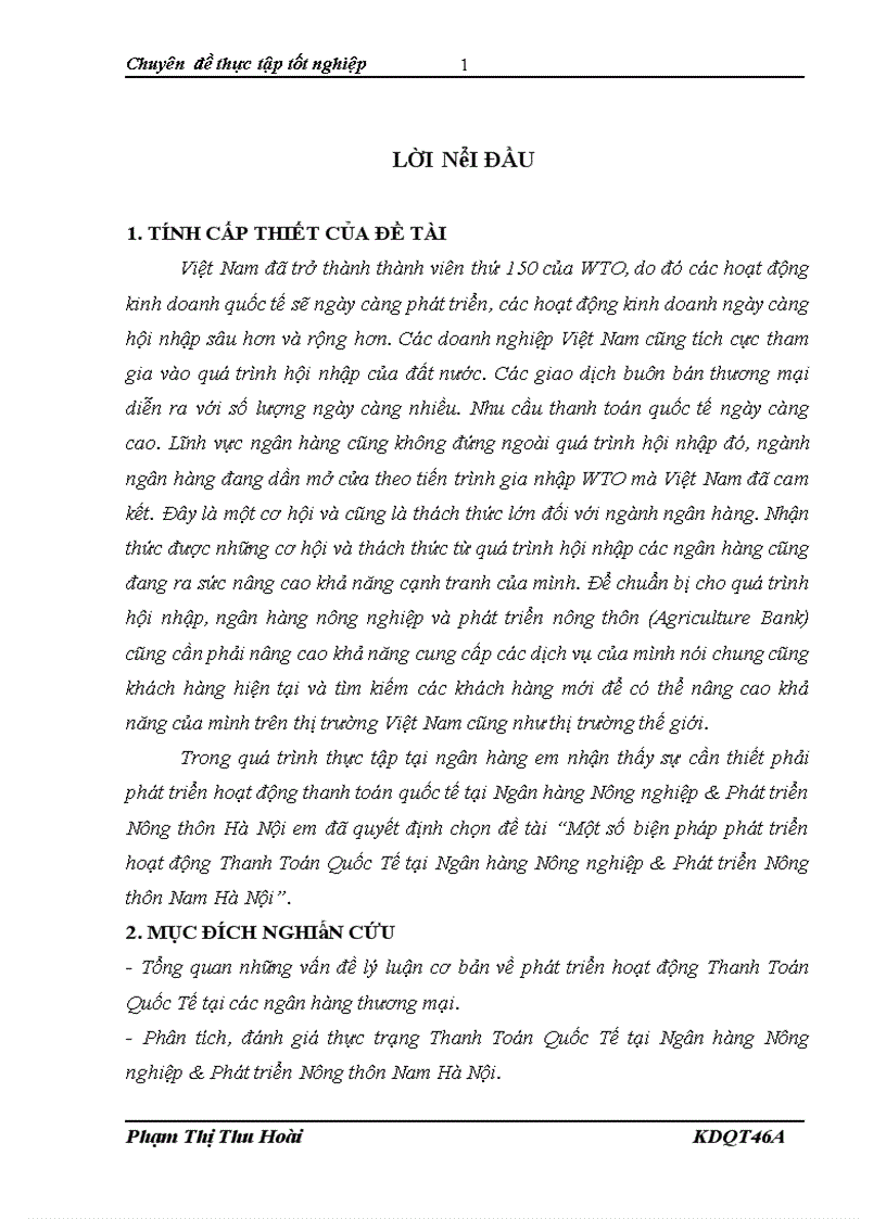 Một số biện pháp phát triển hoạt động Thanh Toán Quốc Tế tại Ngân hàng Nông nghiệp Phát triển Nông thôn Nam Hà Nội 1