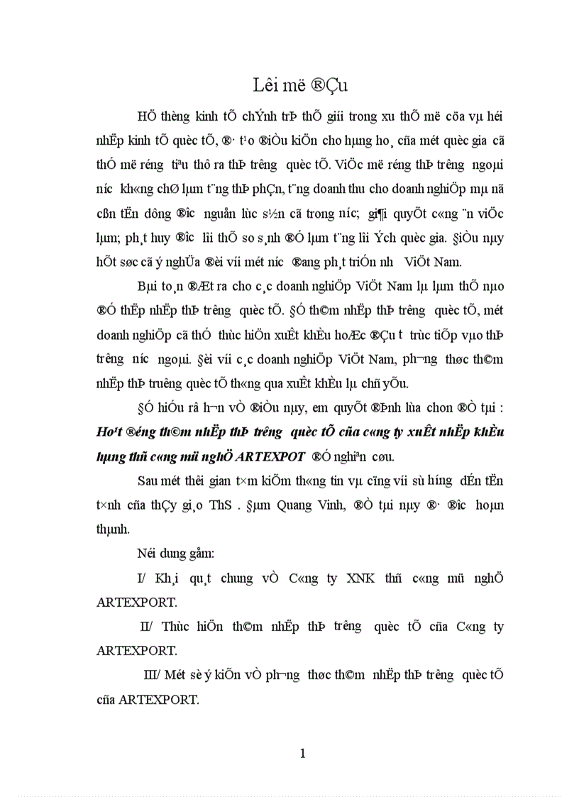 Hoạt động thâm nhập thị trường quốc tế của công ty xuất nhập khẩu hàng thủ công mỹ nghệ ARTEXPOT để nghiên cứu