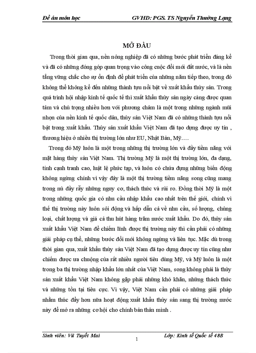 Thực trạng xuất khẩu thủy sản của Việt Nam sang thị trường Mỹ