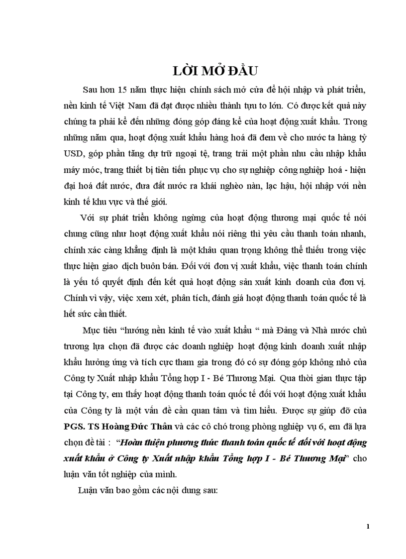 Hoàn thiện phương thức thanh toán quốc tế đối với hoạt động xuất khẩu ở Công ty Xuất nhập khẩu Tổng hợp I Bộ Thương Mại 1