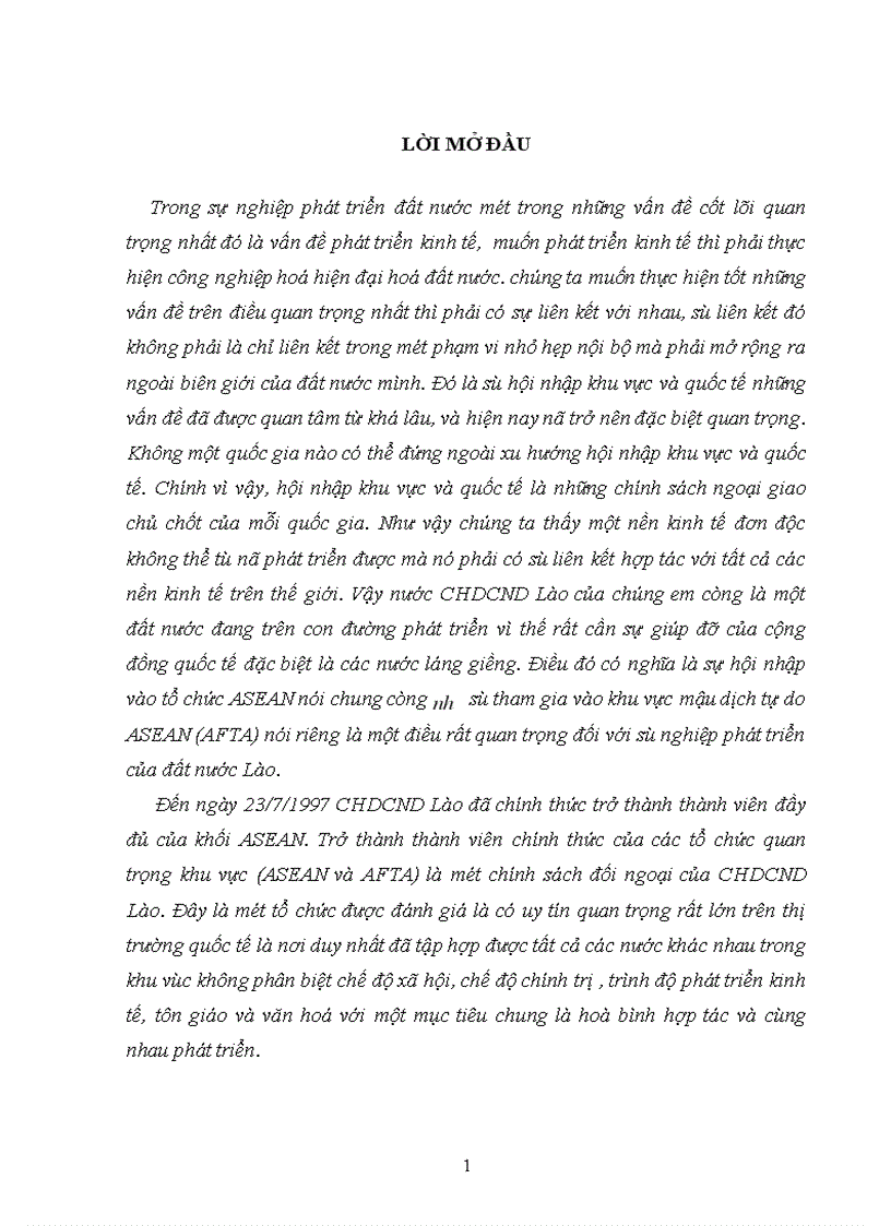 Khu vực mậu dịch tự do ASEAN và tác động của nó đối với CHDCND Lào 1