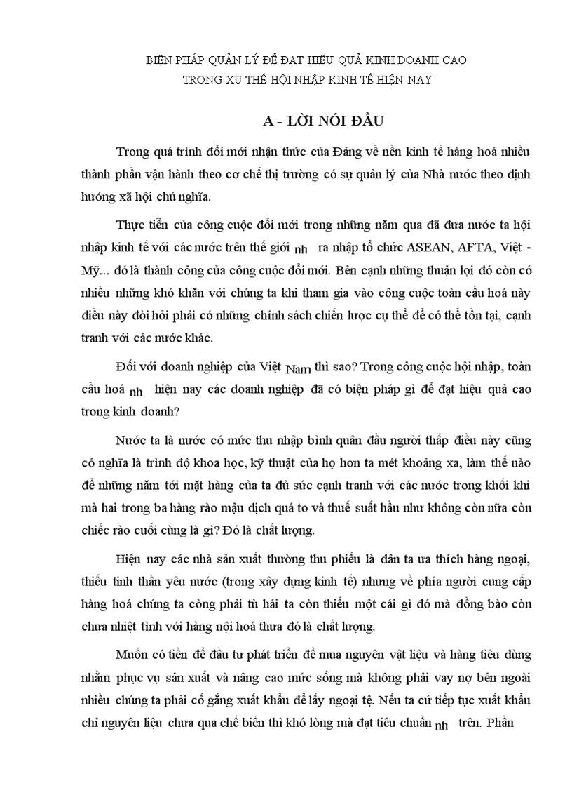 Biện pháp quản lý để đạt hiệu quả kinh doanh cao trong xu thế hội nhập kinh tế hiện nay