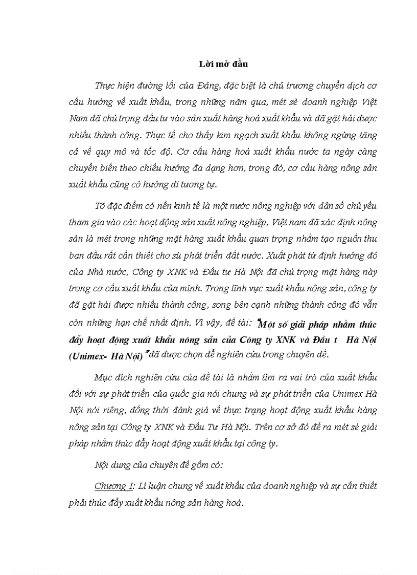 Một số giải pháp nhằm thúc đẩy hoạt động xuất khẩu nông sản của Công ty XNK và Đầu tư Hà Nội Unimex Hà Nội 1