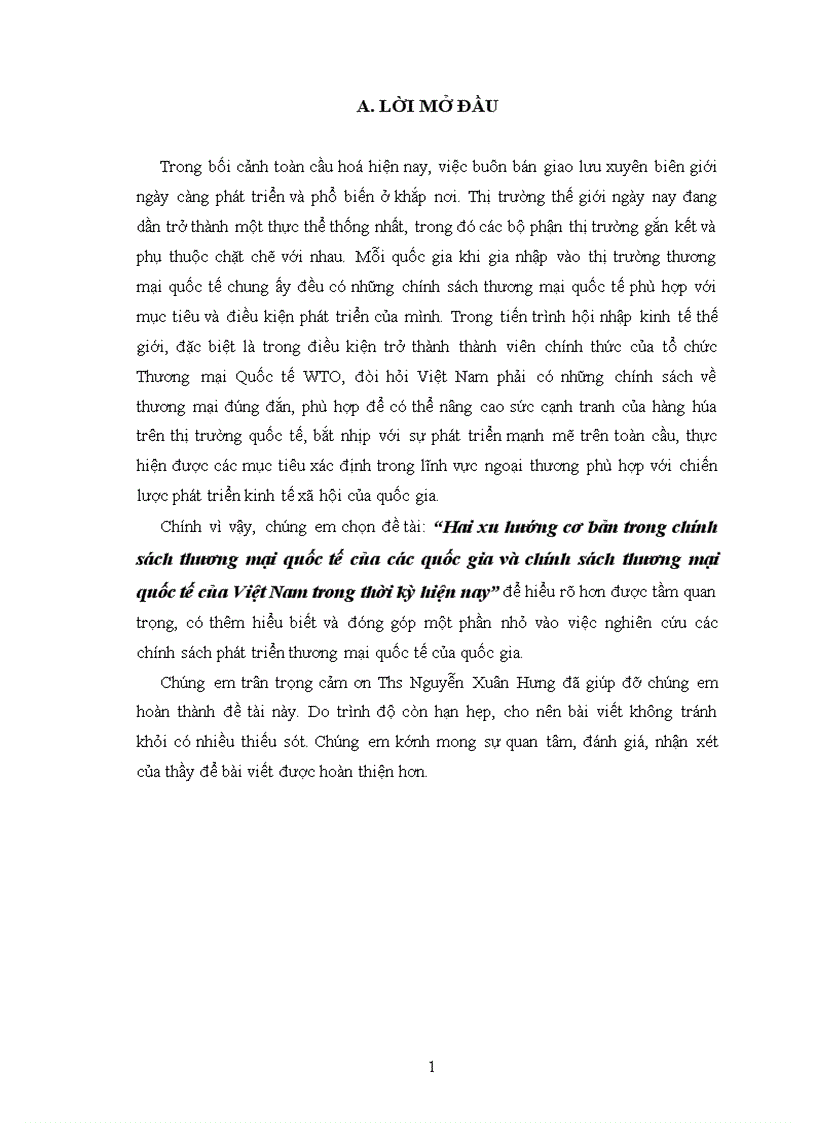 Hai xu hướng cơ bản trong chính sách thương mại quốc tế của các quốc gia và chính sách thương mại quốc tế của Việt Nam trong thời kỳ hiện nay 1