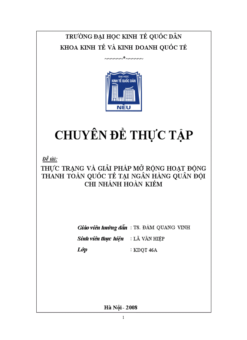 Thực trạng và giải pháp mở rộng hoạt động thanh toán quốc tế tại Ngân hàng quân đội chi nhánh Hoàn Kiếm 1