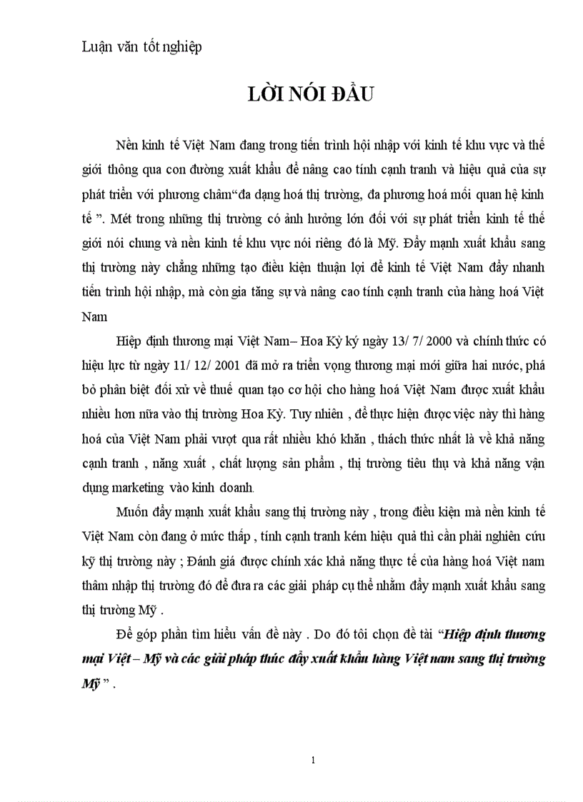 Hiệp định thương mại Việt Mỹ và các giải pháp thúc đẩy xuất khẩu hàng Việt nam sang thị trường Mỹ 1