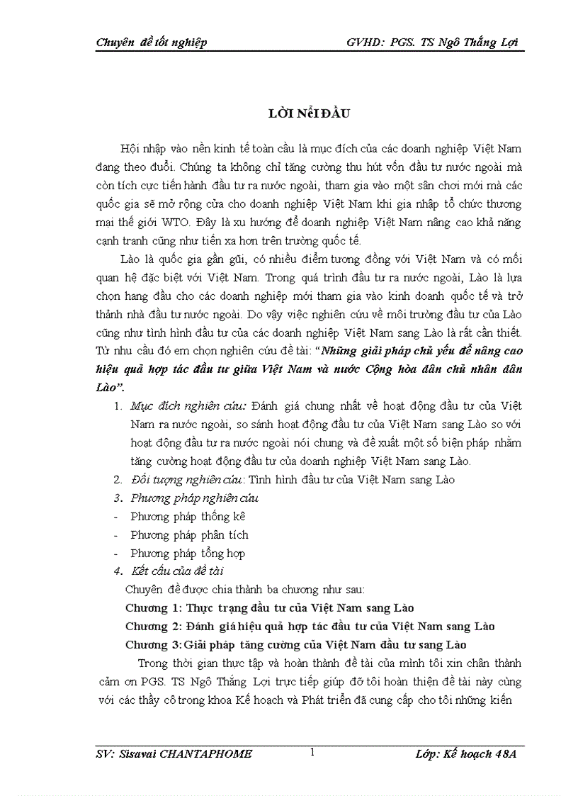 Những giải pháp chủ yếu để nâng cao hiệu quả hợp tác đầu tư giữa Việt Nam và nước Cộng hòa dân chủ nhân dân Lào