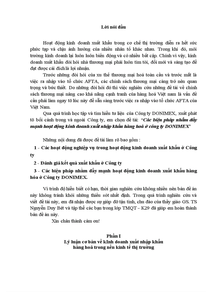 Các biện pháp nhằm đẩy mạnh hoạt động kinh doanh xuất nhập khẩu hàng hoá ở công ty DONIMEX 1