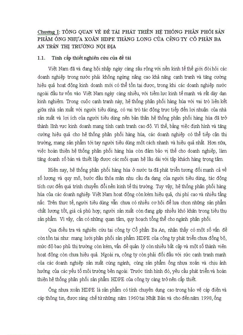 Báo cáo thực tập tổng hợp Phát triển hệ thống phân phối sản phẩm ống nhựa xoắn HDPE Thăng Long của công ty cổ phần Ba An trên thị trường nội địa